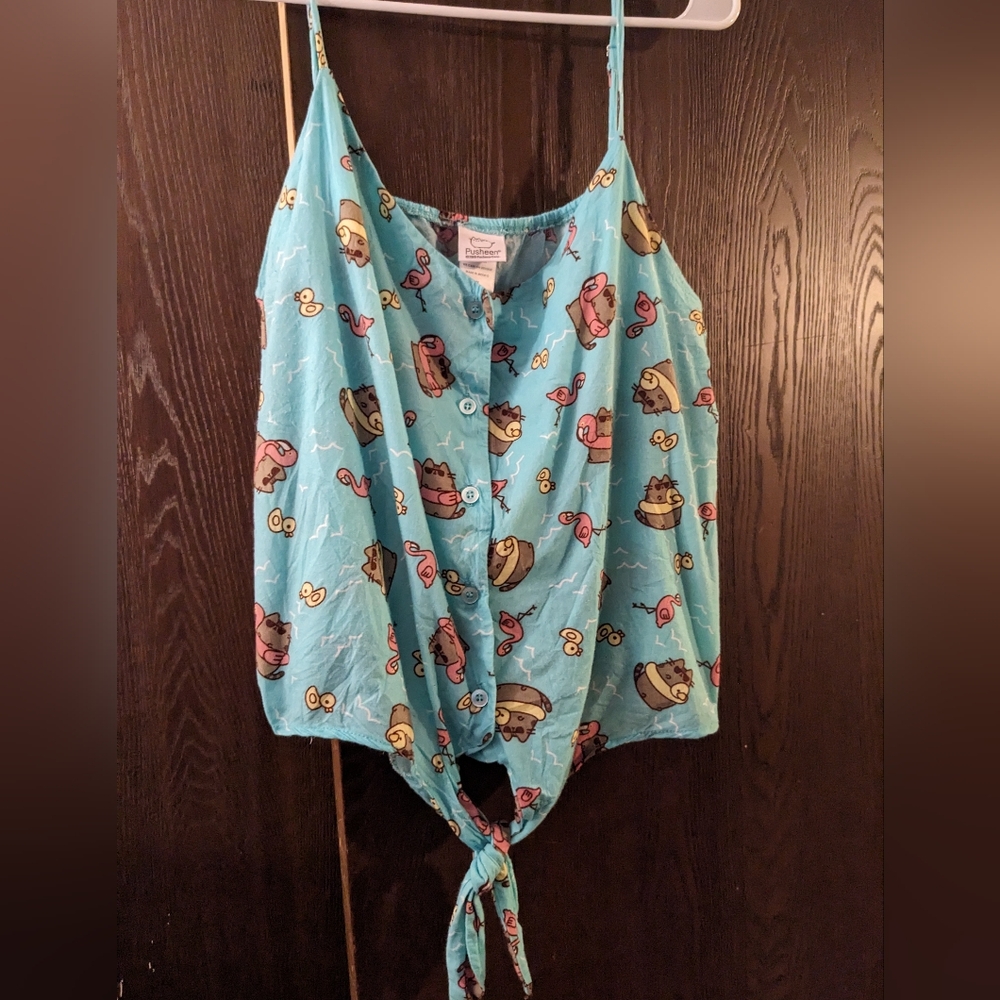 Pusheen print button front tie tank top